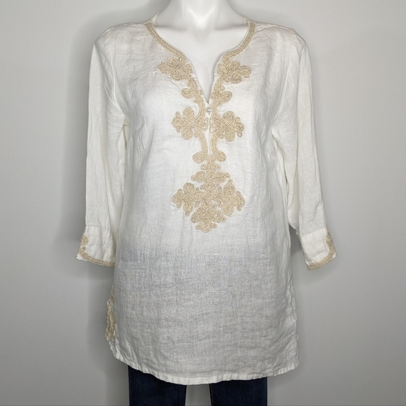 Soft Surroundings white gold v neck linen tunic top S - Picture 1 of 9